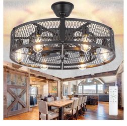 DLLT Caged Ceiling Fan with Lights: 26" Bladeless Fandelier Ceiling Fans with Light and Remote