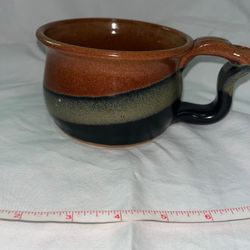 Clayton Pottery Hand Thrown Studio Art Mug Earthy Tricolor Drip Glaze Soup Cup