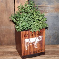 NEW Rustic Farmhouse DAIRY FARM Wood Cow Planter Box with Boxwood