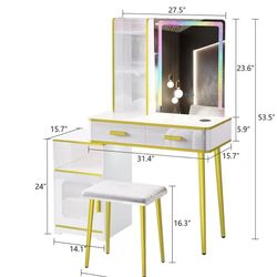 😀 Vanity Desk with Mirror and Lights: Modern Makeup Vanity Set with 3 in 1 Charging Station for Bedroom, Large Storage Vanity Table with Drawers