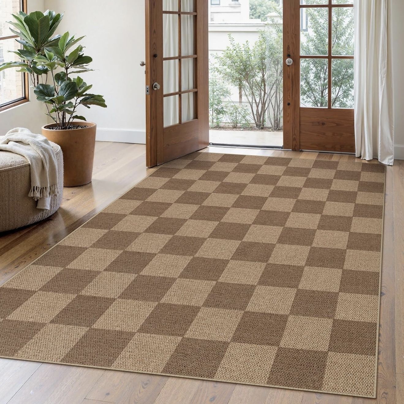 NEW! Neutral Checkerboard Indoor or Outdoor Area Rug - 5’x7’
