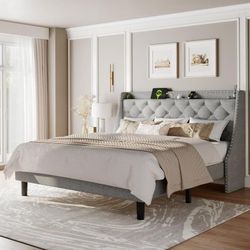 King Size Platform Bed with Fast Charging Station, Storage Wingback Headboard, No Box Spring Needed, Gray