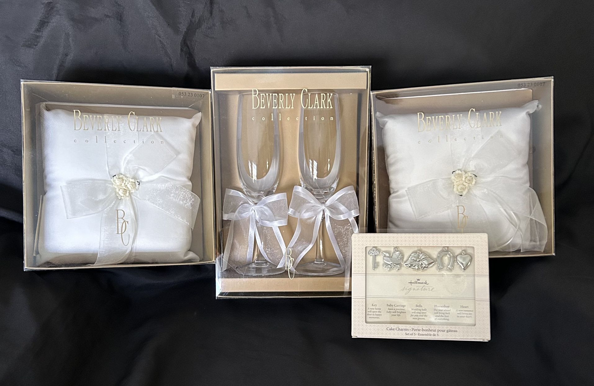 NEW Beverly Clark Wedding Set 2 Ring Bearer Pillow Toasting Flutes Hallmark Cake Charms