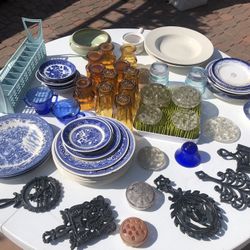 Antique Set Of Willow China, Depression  Glass, Milk Glass,  Currier& Ives Dessert Plates