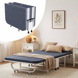 New Folding Bed with Mattress,Rollaway Folding Bed for Adults,Foldable Bed with Lockable Wheels for Small Space,White  New in box 211106310 🎄【Durable