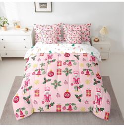 Christmas Pink Nutcracker Bed in a Bag Full Size Cute Royal Guarder Comforter Set with Sheets 7 Piece Xmas Snowflake Bedding Set Gifts for Kids Boys G