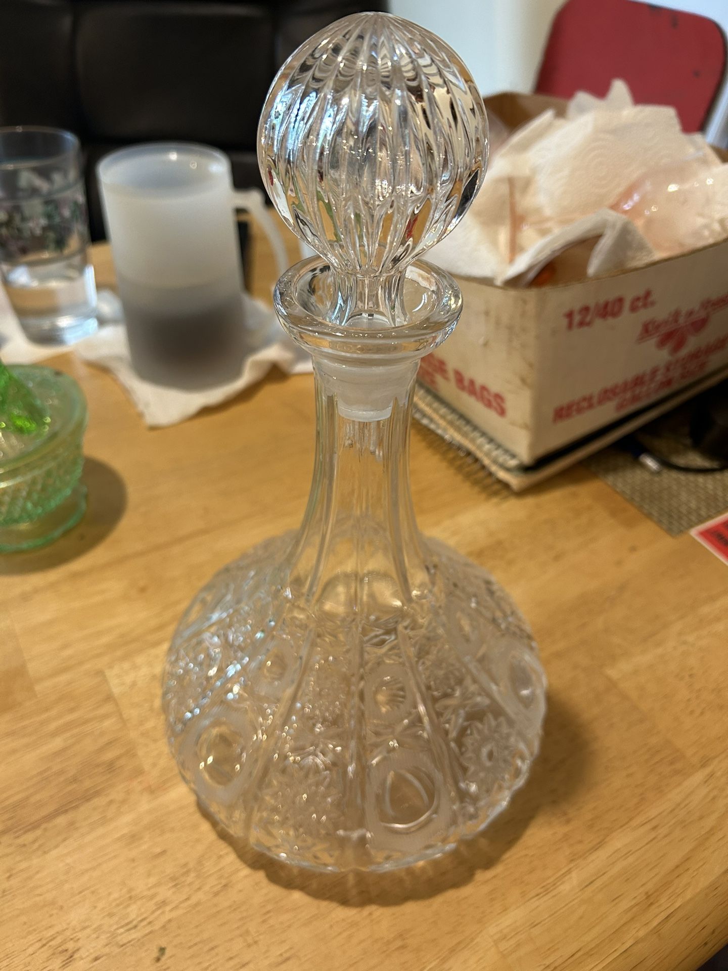 Vintage Cut Glass Sunburst Motif Liquor Decanter with Stopper Heavy