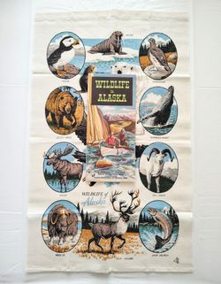 Vintage Alaska Memorabilia Wildlife Tea Towel And Wildlife Map From The 70/80s