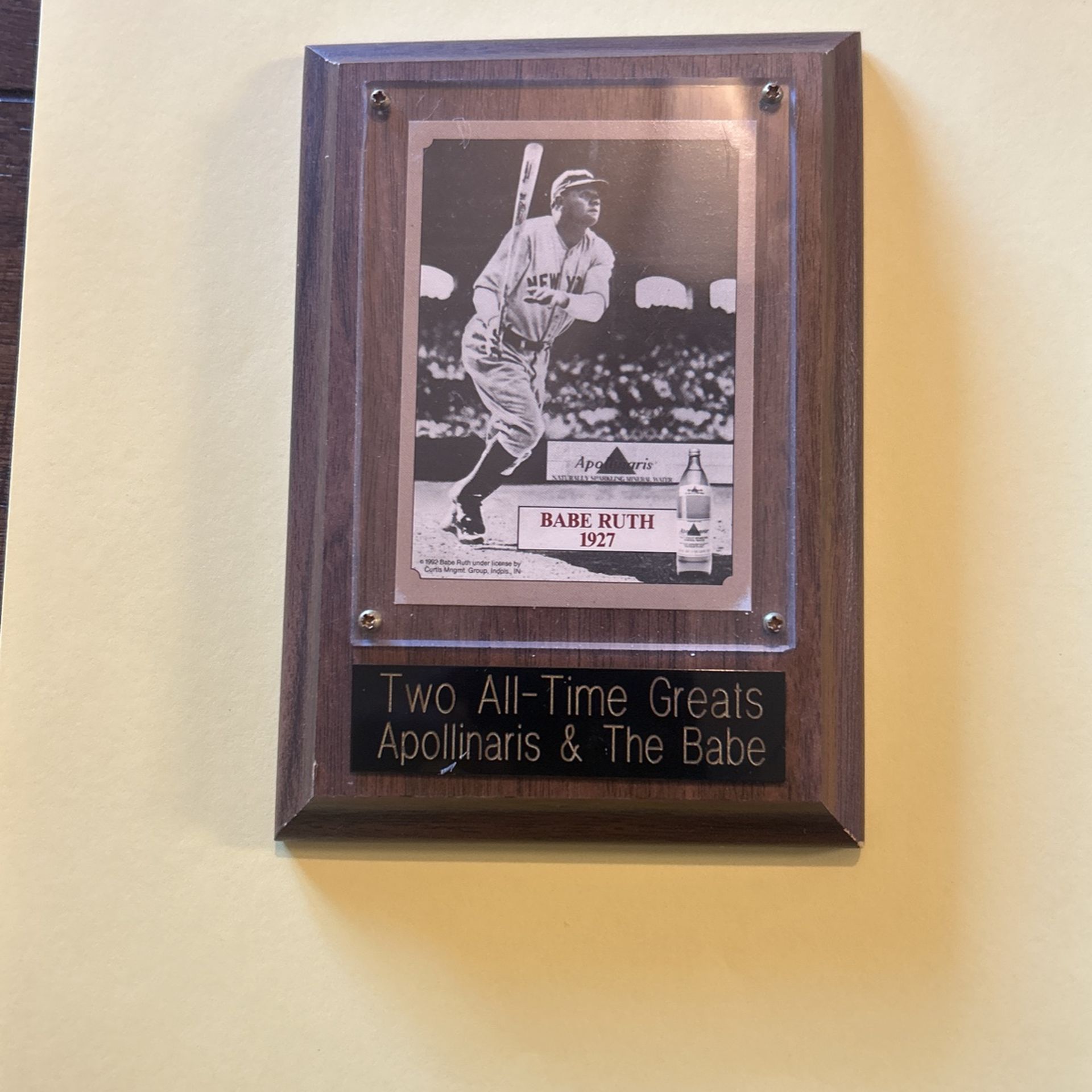 Babe Ruth & Apollinaris baseball card mounted on wooden plaque
