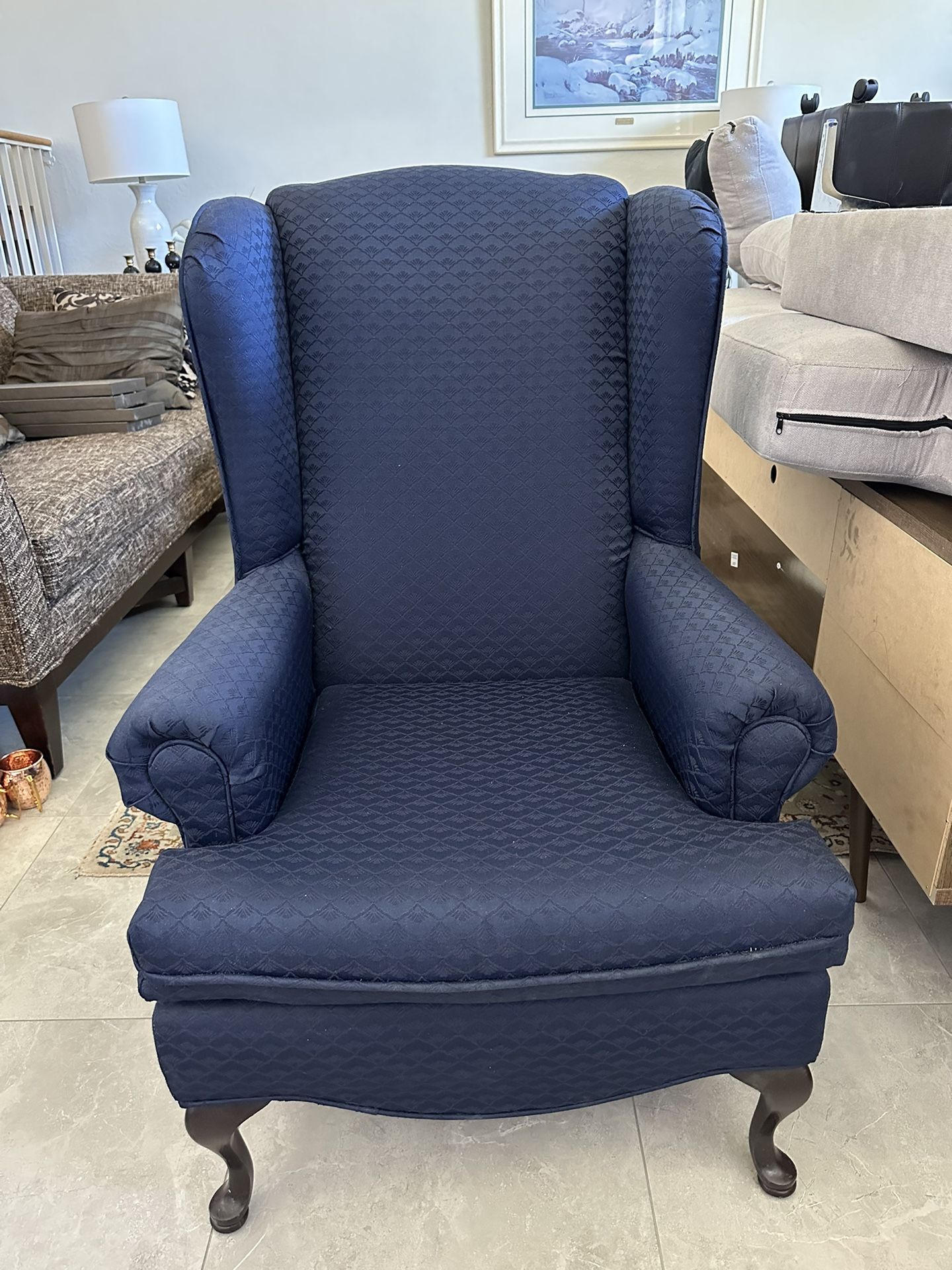 Beautiful Blue Fabric Queen Anne, Wingback Accent Chair With Scotchguard