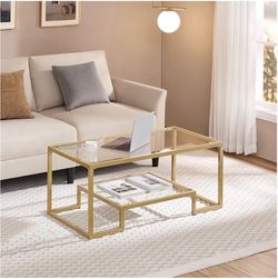 42" Small Gold Coffee Table for Living Room, 2-Tier Glass Shelf Clear Tempered Glass Top, Modern Rectangular Design, Sturdy Iron Frame, Apartment-Frie