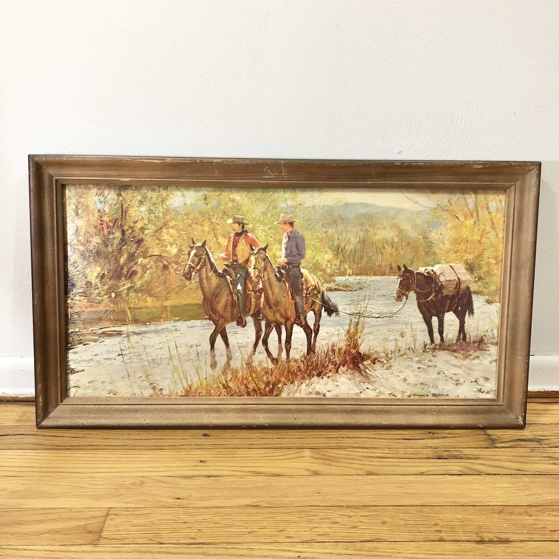 Vintage Donald Teague Framed Lithograph Cowboys Mid Century Art