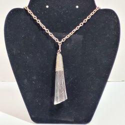 Clear Faux Quartz Crystal Lucite Wire Wrapped Pendant 32" Silver-toned Necklace. The image shows a pendant necklace featuring a clear, possibly lucite