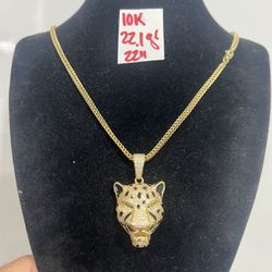 For Wedding 10K Yellow Gold Franco Chain and Pendant CUBIC ZIRCONIUM STONES 20.2Gr  23 Inches Long 