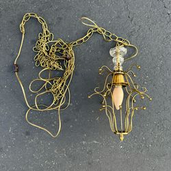 Vintage MCM Gold Brass Chandelier Hanging Light Fixture Chain Swag Lamp Sweden