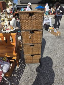 Vintage Wicker And Metal Storage Cabinet On Wheels