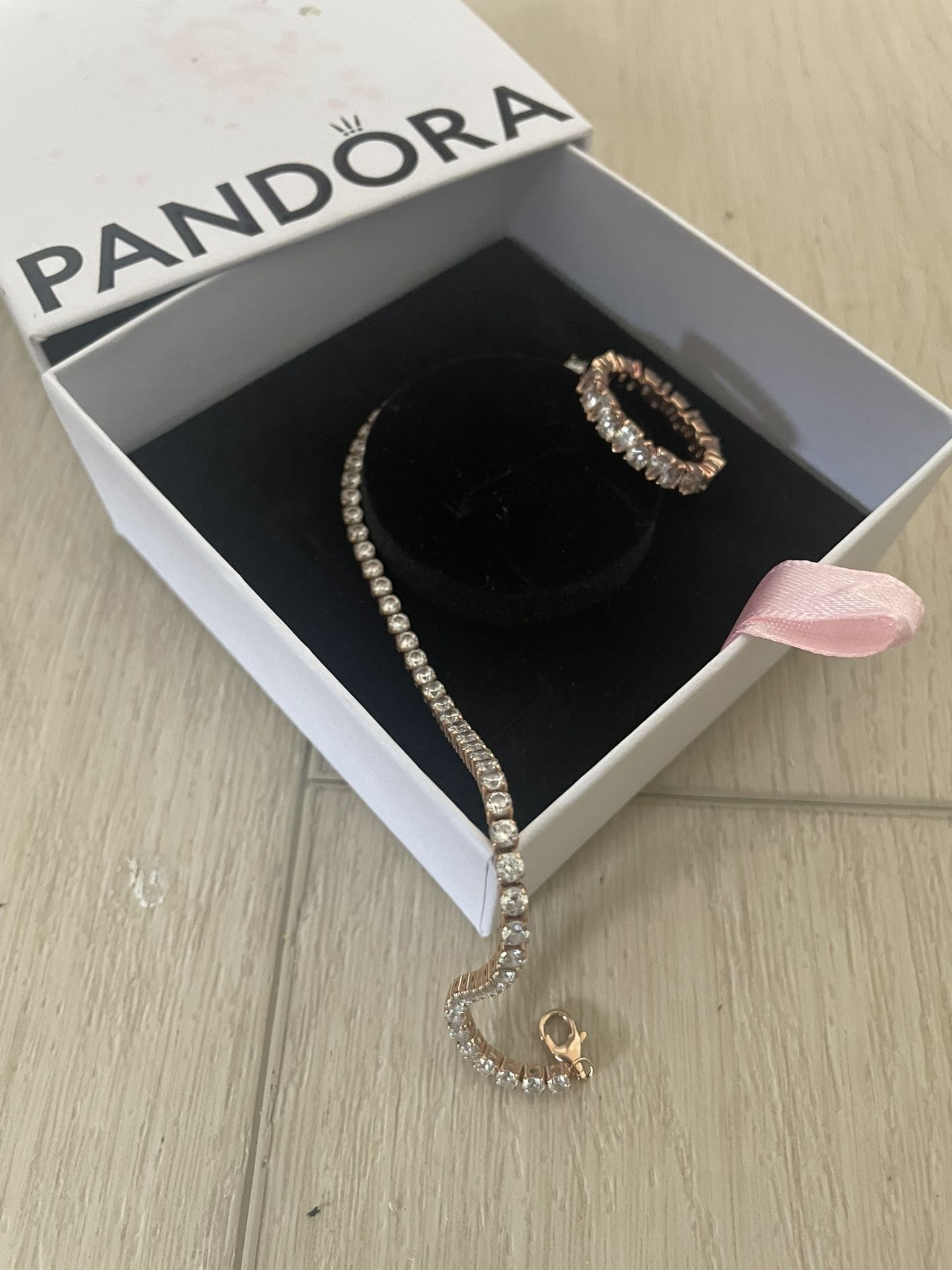 Pandora Tennis Bracelet And Ring Set Rose Gold