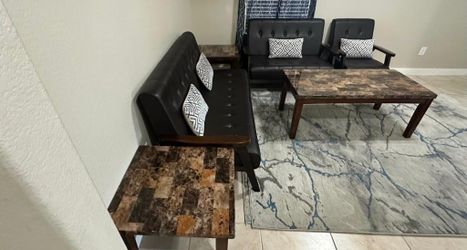 Modern Mid-Century Wood 2 Loveseat Sofas + 1 Accent Chair + 2 Side Tables + 1 Center Table - $350