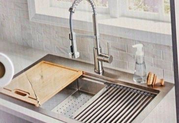 Glacier Bay All-In-One 33" X 22" X 9" Dual Mount Off-Set Single Bowl Stainless Steel Kitchen Sink With Spring Faucet, Workstation, And Strainer