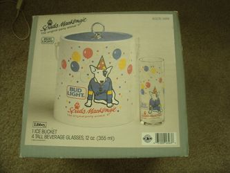 New W/Box Vintage Spuds Mackenzie Bud Light Ice Bucket W/4 Glasses