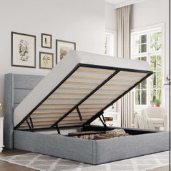 Full Size Lift Up Storage Bed, Modern Wingback Headboard, Hydraulic Support, light gray H-10