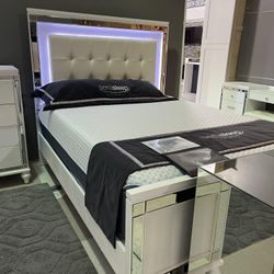 Valentino White Queen Panel Bed with Led