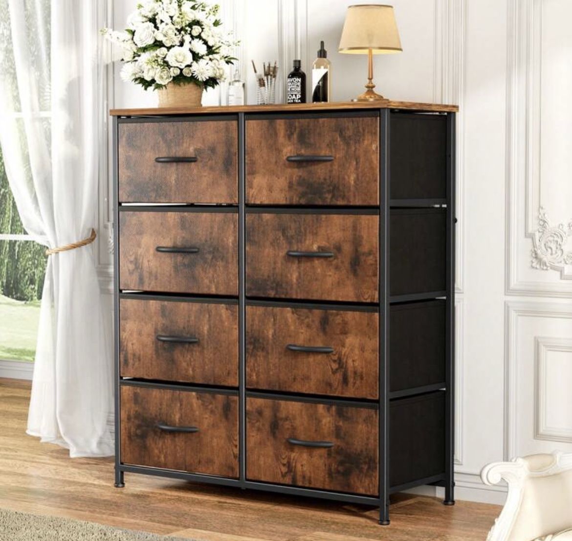 Sweetcrispy Tall Dresser with 8 Fabric Drawers Organizer Units, Chest of Drawers for Bedroom with Wooden Top