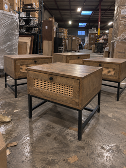 Rattan Nightstands with Textured Drawer, Black Metal Legs