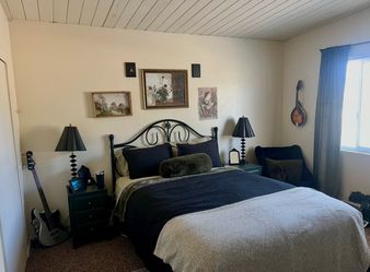 Black queen, headboard, and frame (free mattress)
