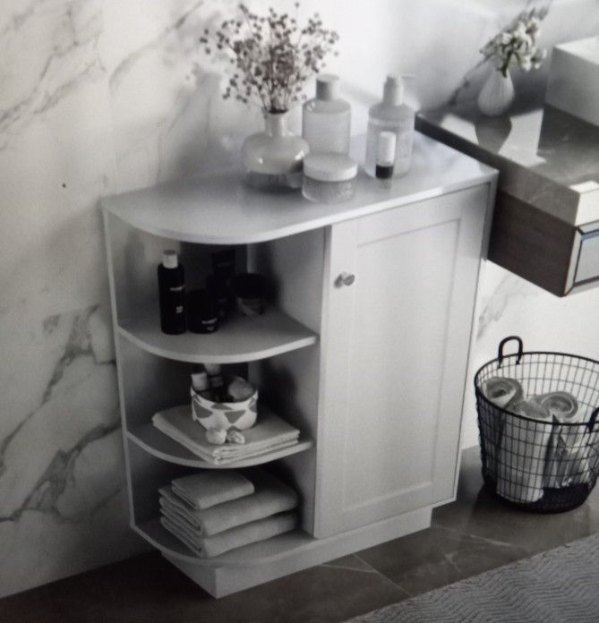 Freestanding Compact Bathroom Storage Cabinet With Arc Edge Design Brushed Nickel Knobs And Adjustable Shelves