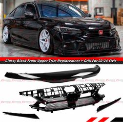 For 2022-24 Honda Civic VS Style Gloss Black Upper Hood Trim + Grill Replacement