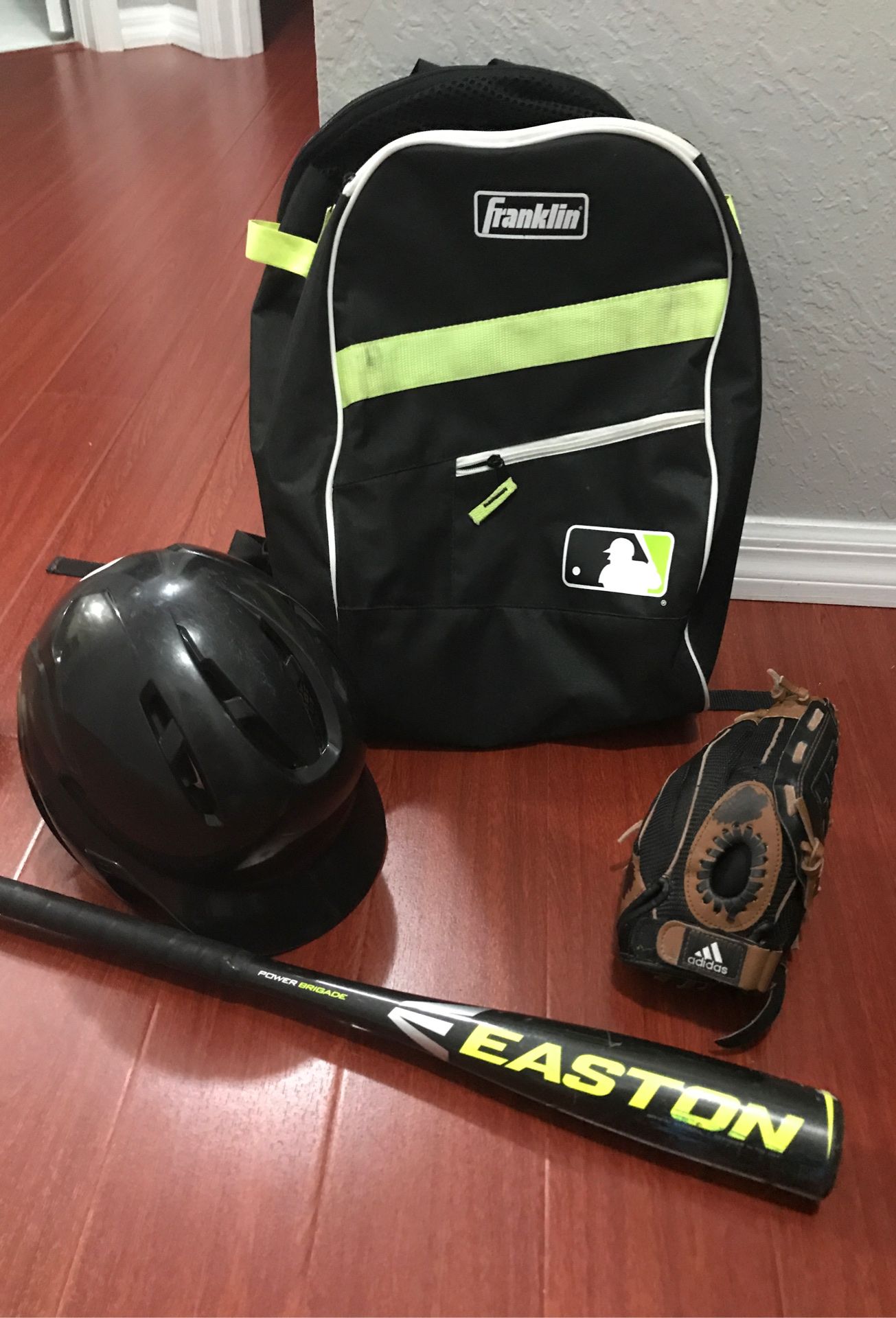 Boys baseball helmet, glove, bat & backpack