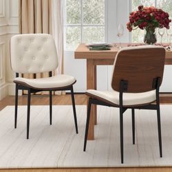 Dining Chairs Set of 2,Mid Century Retro Faux Leather Chairs with Walnut Bentwood Adjustable, White