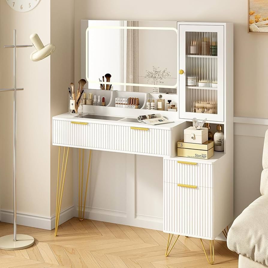 43" Vanity Desk with Mirror and Lights, Makeup Vanity Table with 4 Drawers, White Dressing Table for Bedroom, Fluted Makeup Desk with Modern Glass Top