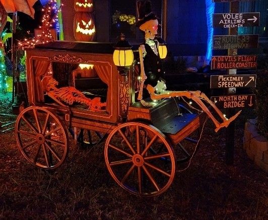 Halloween Yard Decor Carriage Hearse with 2 skeletons and lights up lamps 7FT long x 3FT wide X 5FT Tall