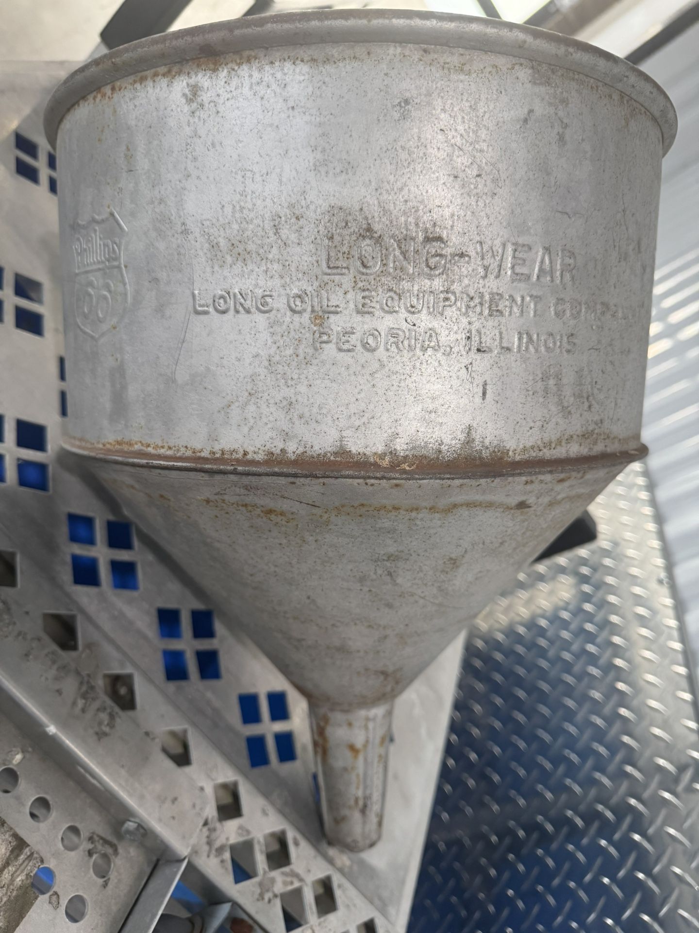 vintage galvanized metal funnel from Long Wear Oil Equipment Company.