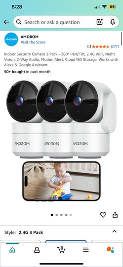 AMORAM Indoor Security Camera 3 Pack - 360° Pan/Tilt, 2.4G WiFi, Night Vision, 2-Way Audio, Motion Alert, Cloud/SD Storage, Works with Alexa & Google 