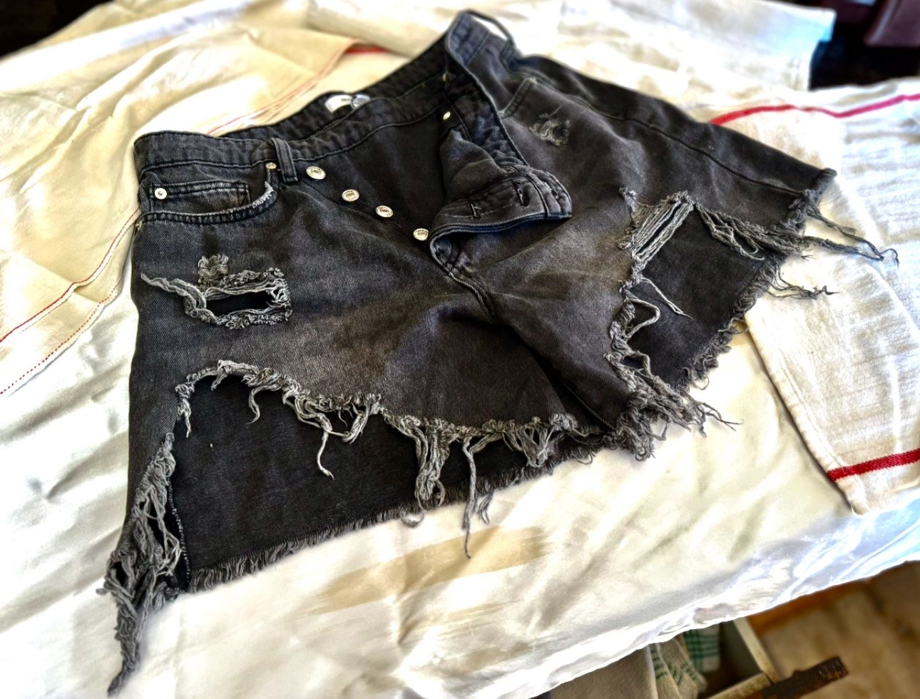 Distressed Unique Charcoal Denim Shorts Size 30 Unique Button Detailing