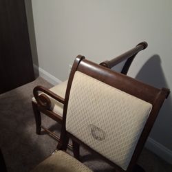 Dark Brown Wood Dining Table & Two Wooden Tan  Dining Chairs