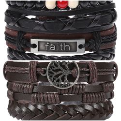 2 x Set Adjust. Size up to 9.5inc Leather Bracelet, (Faith-Brown)