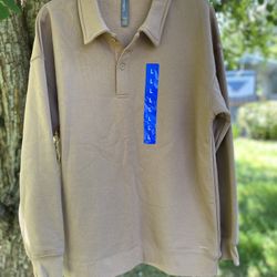 NWT Mondetta Women’s Size L Thick Mocha Colored Pull Over Sweatshirt Top Collar Buttons 