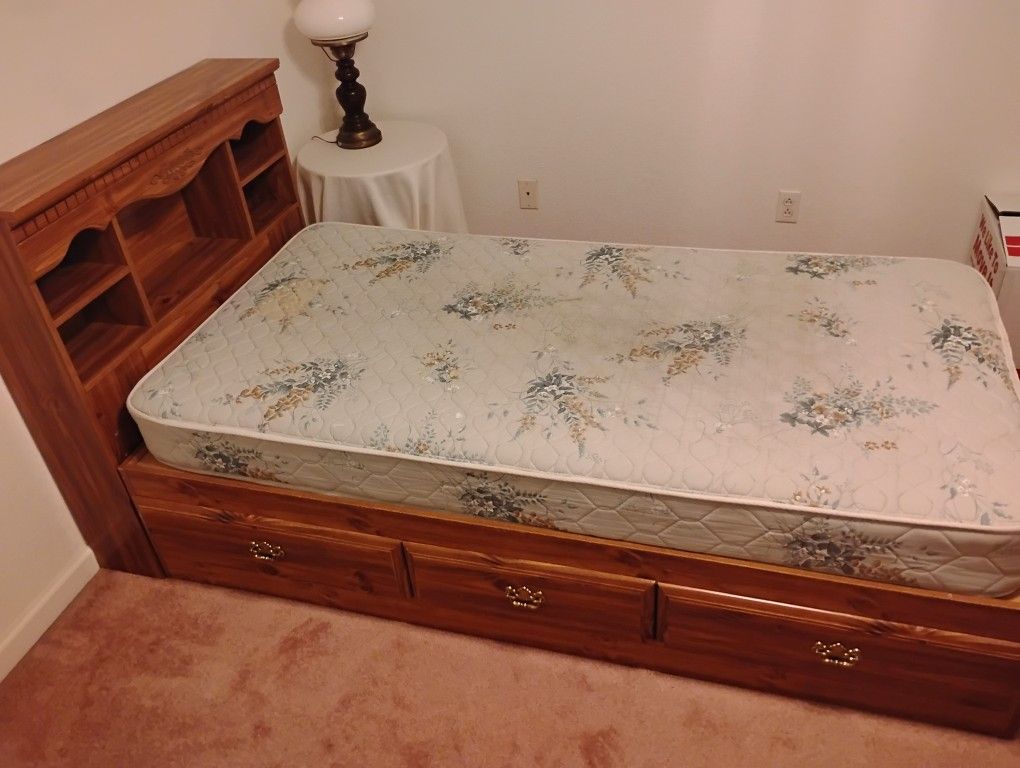 Wooden Twin Bed With Full Storage Carriage And Nightstand