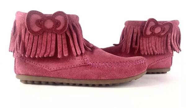 Minnetonka Girl’s Hello Kitty Pink Suede Leather Fringe Ankle Booties Size 1