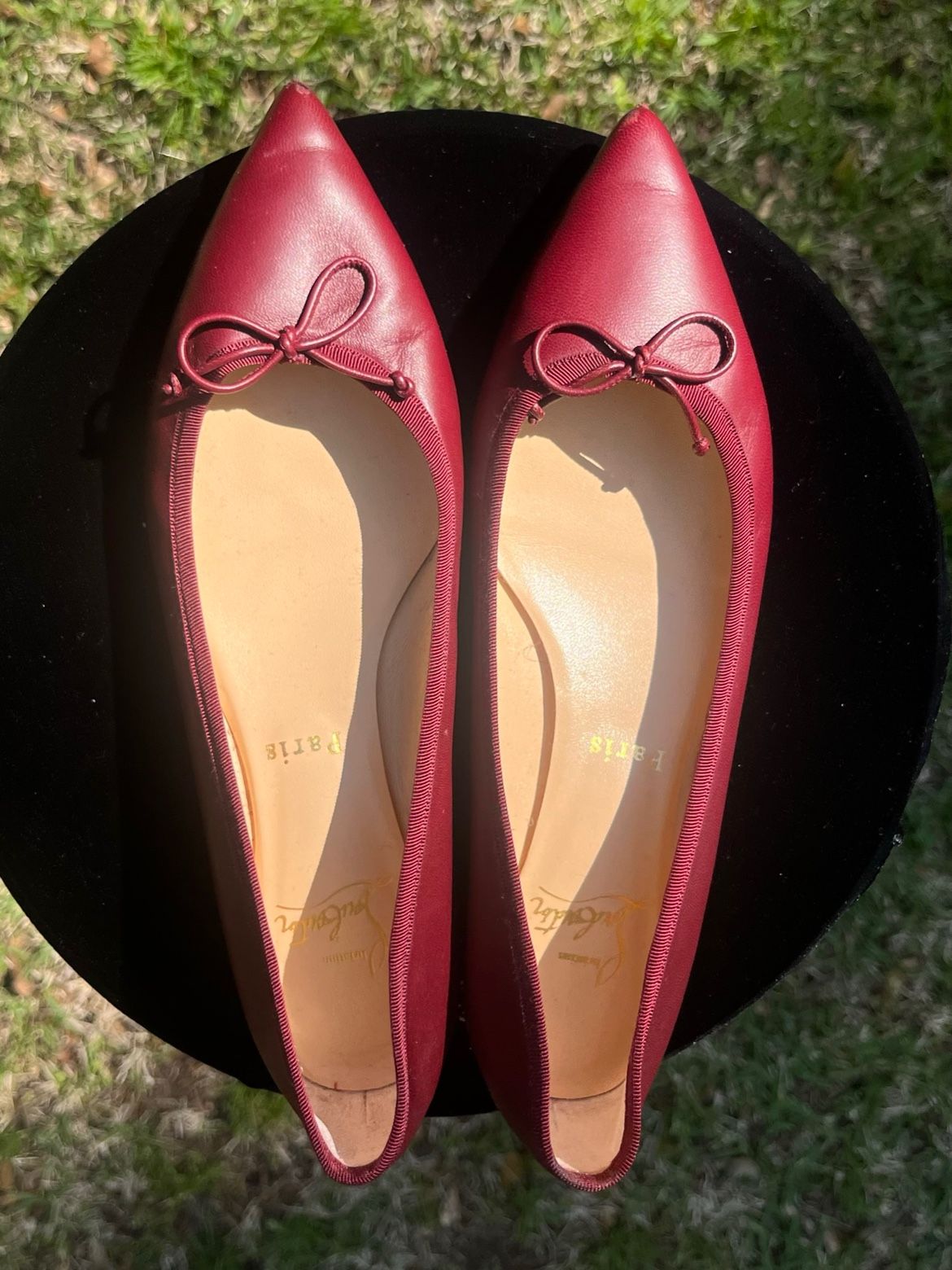 Authentic Christian Louboutin Burgundy/Red HALL Spike Studded Nappa Leather Flats Sz 7 US/37.5 EU