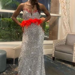 Sliver Prom Gown With Red Feathers- Size 2