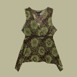 HOT TEMPERED Y2K Olive Green Brown Floral Paisley Mesh V Neck Asymmetrical Tank