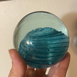  Vintage Art Glass Paperweight Blue Swirl Hand Blown 1989