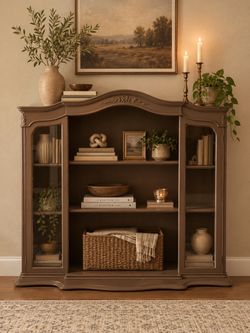 Reclaimed Vintage Brown Wood Bookcase/ Hutch with Glass Side Cabinets