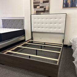 Queen Bed Frame Mid Century Modern In White And Teak Finish
