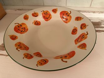 Longaberger Pottery Pumpkin Faces Happy Halloween Treats Candy Bowl Dish 12.5"D